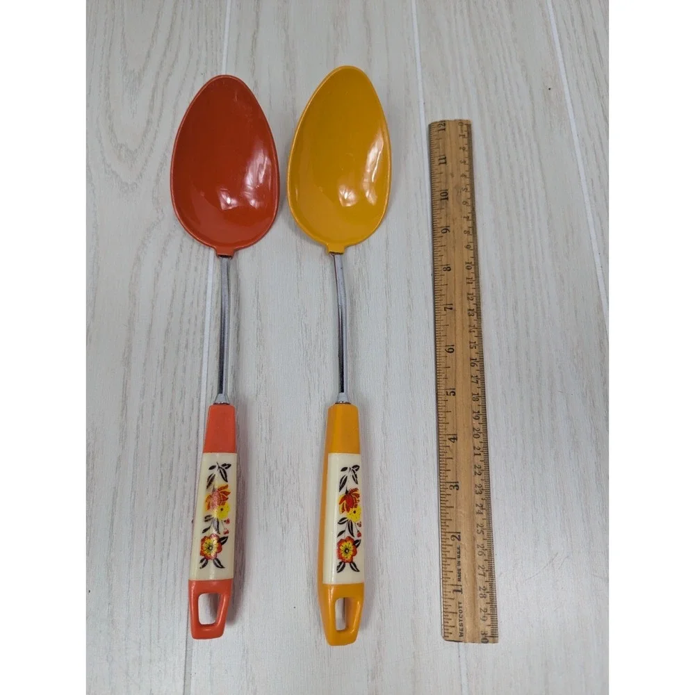 vintage Taiwan serving mixing spoons plastic metal orange yellow floral MCM